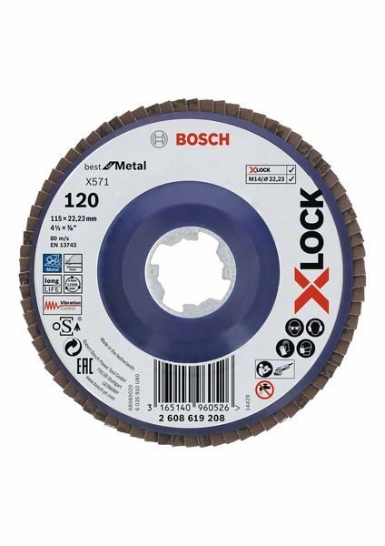 Bosch X-LOCK Fächerschleifscheibe, X571, Best for Metal, gerade, Ø115 mm, K 120, 1 Stk
