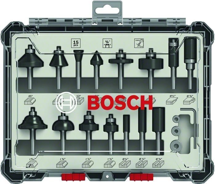 Bosch 15-teiliges Fräser-Set, 1/4"-Schaft. Für Handfräsen