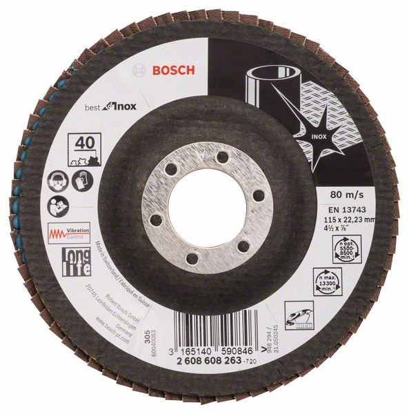 Bosch Fächerschleifscheibe X581 Best for Inox, gewinkelt, 115 mm, 40, Glasgewebe