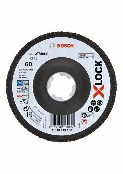 Bosch X-LOCK Fächerschleifscheibe, X571, Best for Metal, abgewinkelt Ø115 mm K 60, 1St