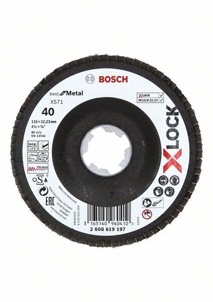 Bosch X-LOCK Fächerschleifscheibe, abgewinkelt, Ø115 mm, K40, X571, Best for Metal,1St